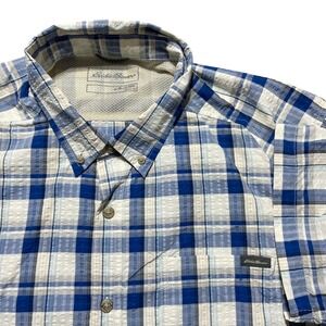 Eddie Bauer Mens XL Classic Blue White Plaid Seersucker SS Button Shirt